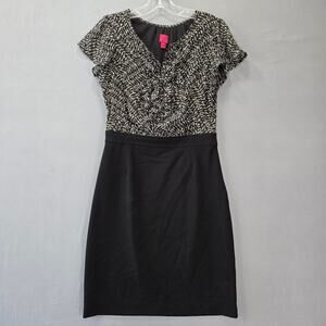 212 Collection Black Dress Stretch Bodycon Midi Short Sleeve V-Neck Women Size 4